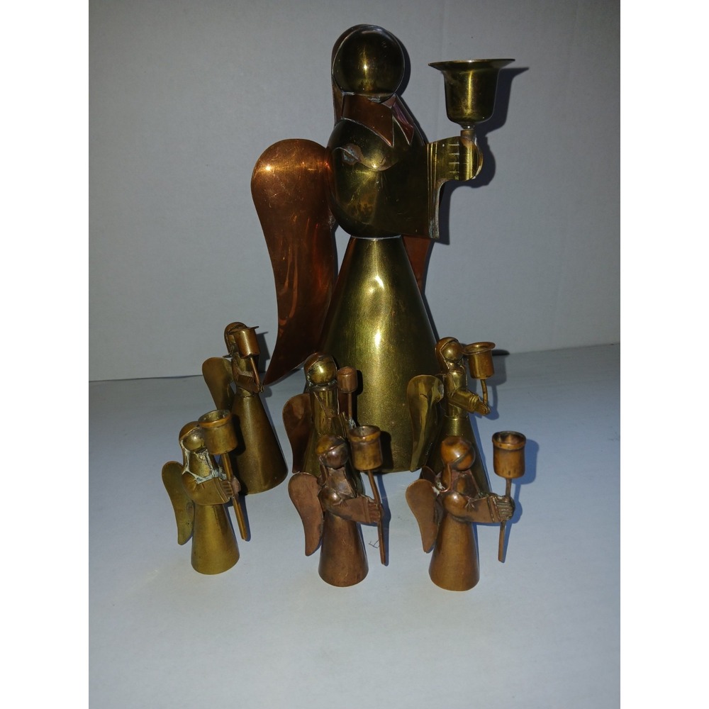 7  Vintage Rustic Copper & Brass Angel Candle Holder Set‎ Mexico Christmas Decor